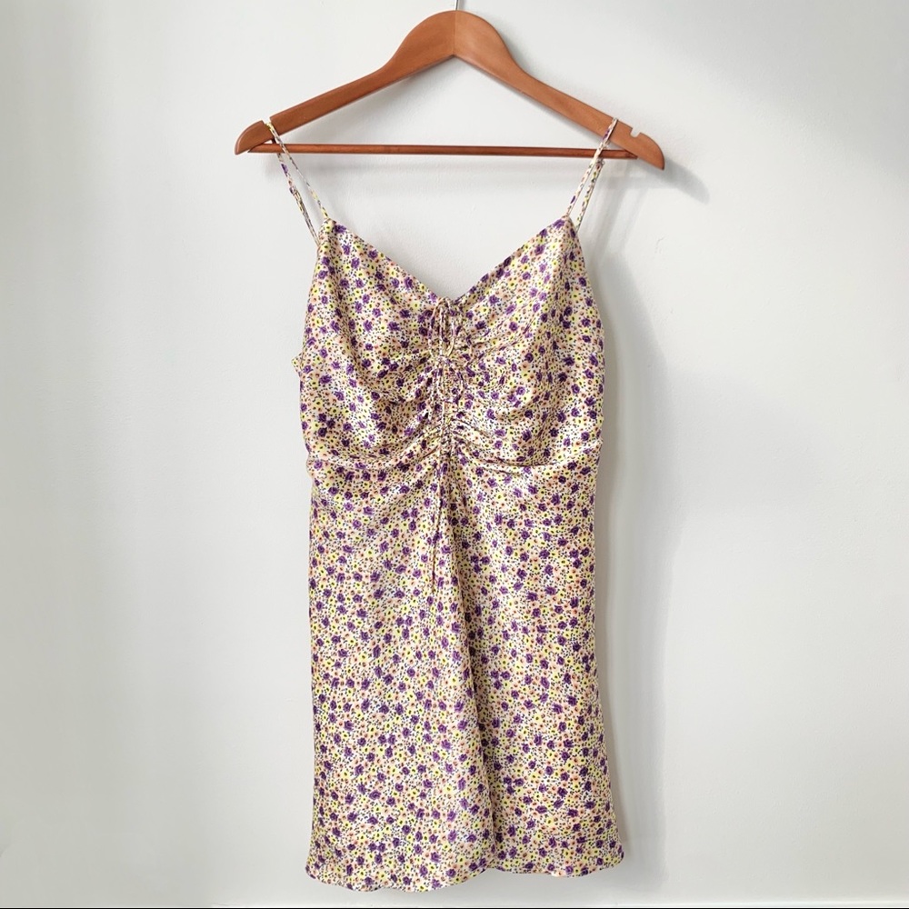 ZARA | NWT DRAPED RUCHED SATIN EFFECT DRESS WITH DAINTY FLORAL PRINT MINI DRESS